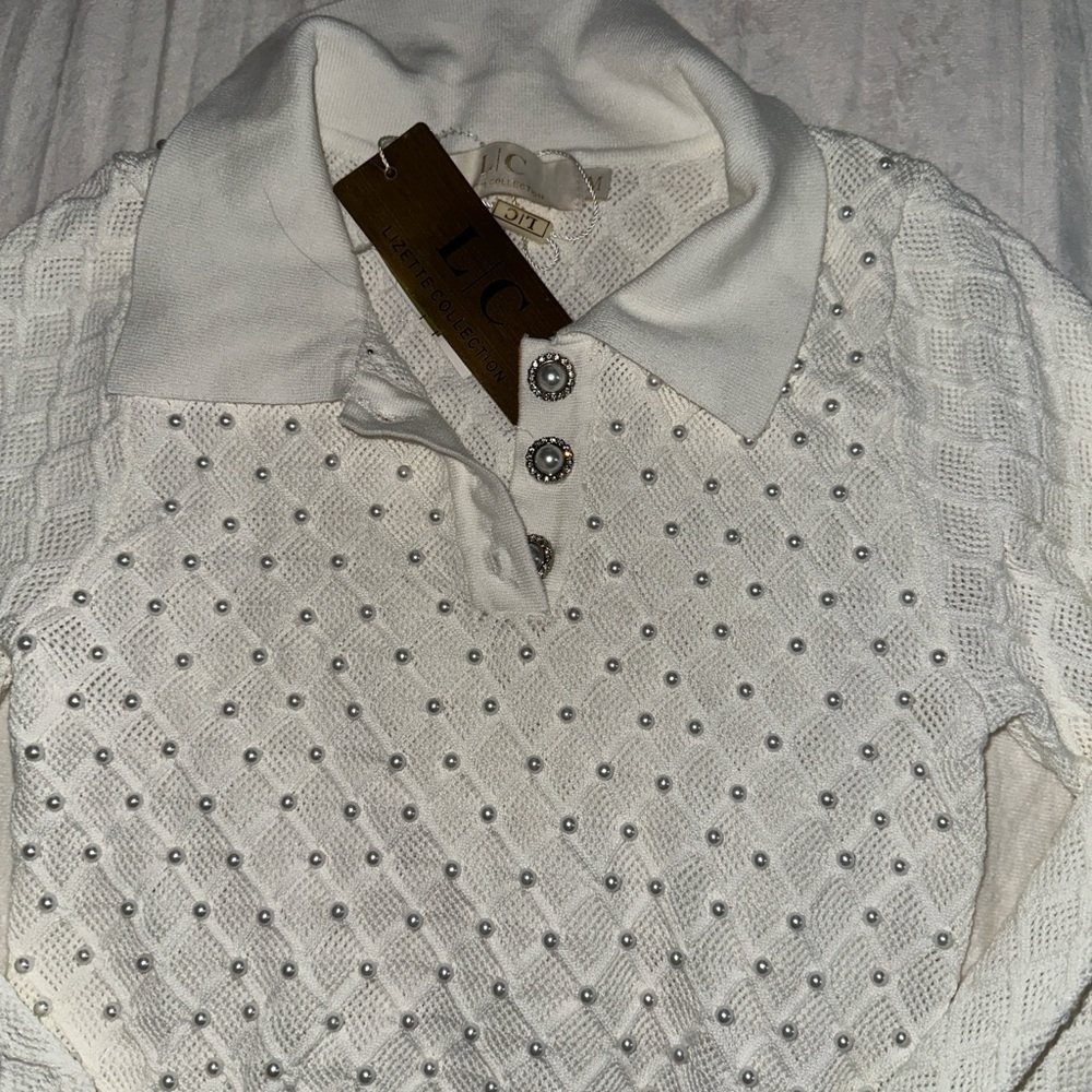 Embellished White Knit Polo Sweatshirt